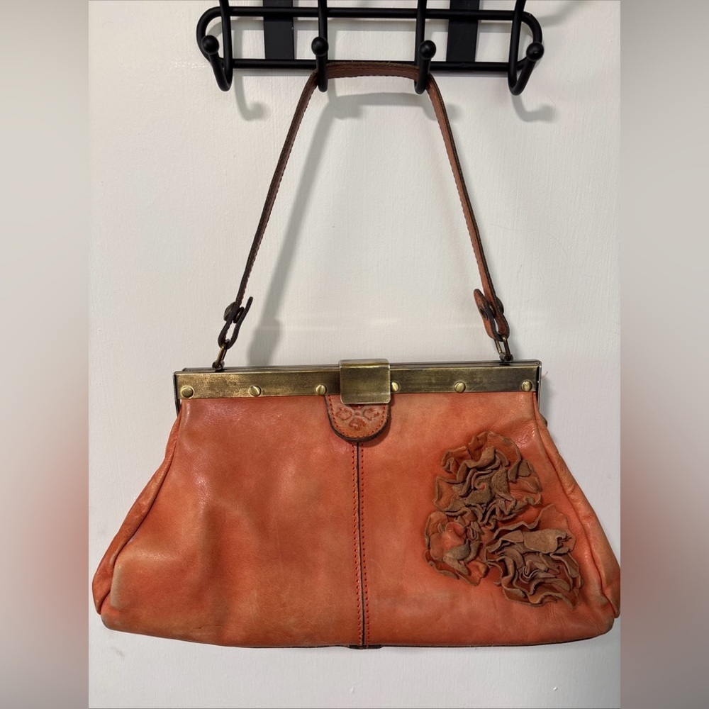 Patricia Nash Leather Ferraro Handbag Framed Flower Purse Clasp Pink Orange Bag